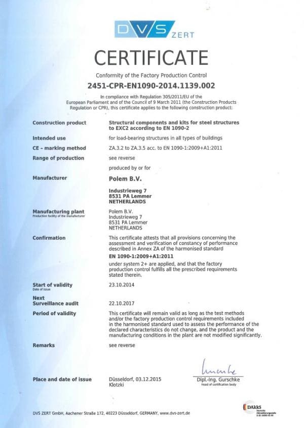 Article image of: Prolongatie ISO EN1090-1:2009 certificaat voor Polem